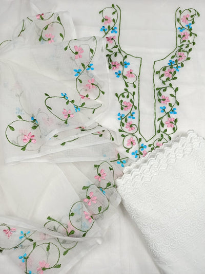 Kota Doria Embroidery White Suit Material with Matching Dupatta and Chikenkari Bottom-Indiehaat