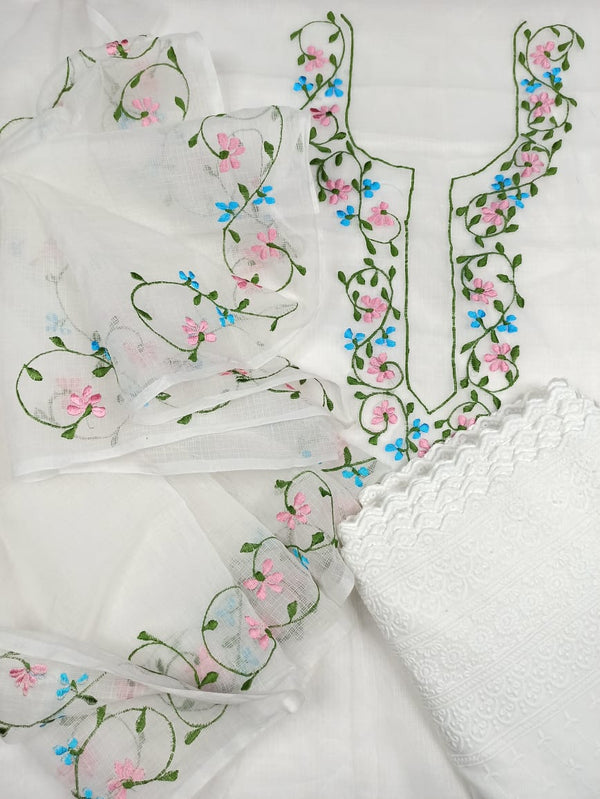 Kota Doria Embroidery White Suit Material with Matching Dupatta and Chikenkari Bottom-Indiehaat