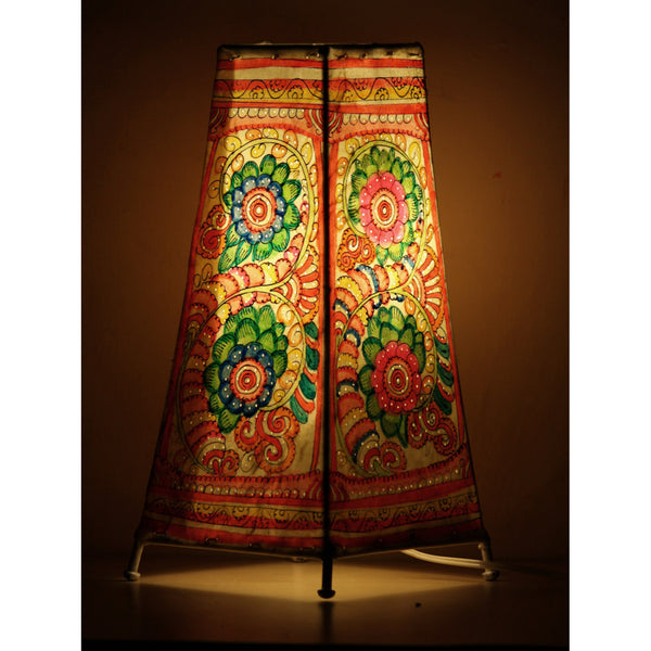 Indiehaat | Flower Kalamkari Handpainted Standing Square Leather Lamp | 13 Inch