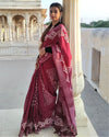 Cotton Linen Batik Work Saree Dark Red Color with running blouse - IndieHaat