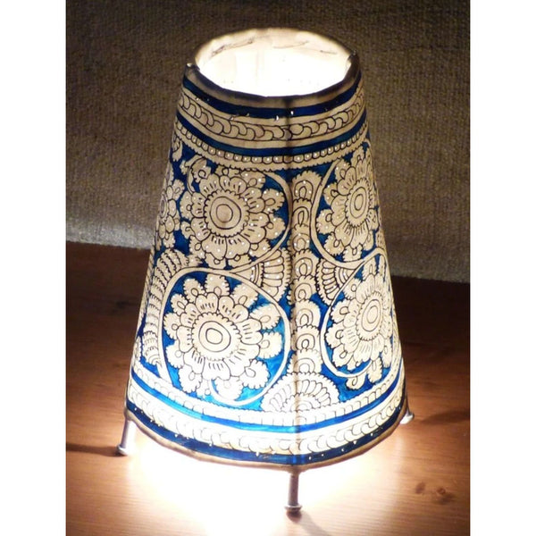 Indiehaat | Flower Kalamkari Handpainted Standing Round Leather Lamp | 9 Inch