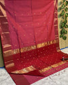 Maheshwari Handloom Handwoven Saree Dark Red Color Double Design Zari Border with flower buti pallu and contrast blouse - IndieHaat