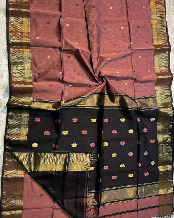 Maheshwari Handloom Handwoven Saree Indian Red Color Double Design Zari Border, flower work Buti pallu and running blouse - IndieHaat