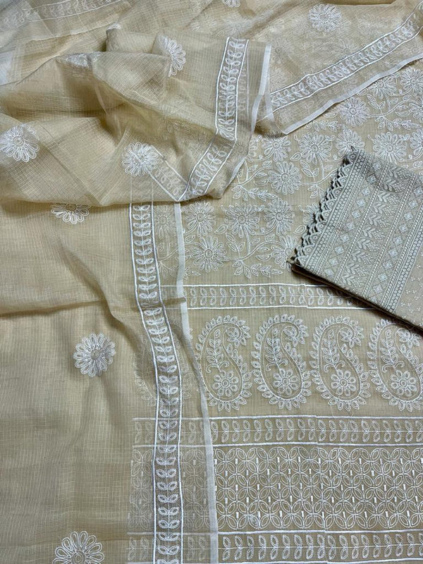 Kota Doria Embroidery Work Suit Material with Chikankari Embroidery work bottom Silver Gray Colour (TOP+DUPATTA+BOTTOM)-Indiehaat