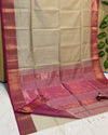 Pure Maheshwari Handwoven Tissue Silk Saree Beige Color with running blouse - IndieHaat