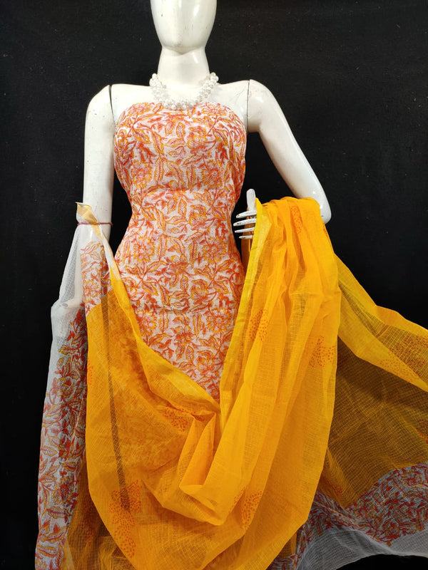 Kota Doria Orange color Suit Material Handblock Printed with Zari Border Dupatta-Indiehaat