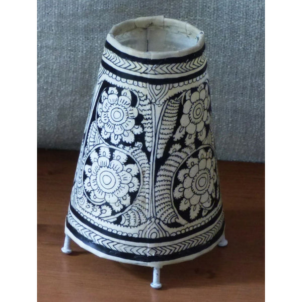Indiehaat | Flower Kalamkari Handpainted Standing Round Leather Lamp | 9 Inch