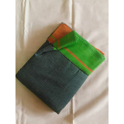 Patteda Anchu Handloom Mark Certified Pure Cotton Green Saree with Running Blouse-Indiehaat