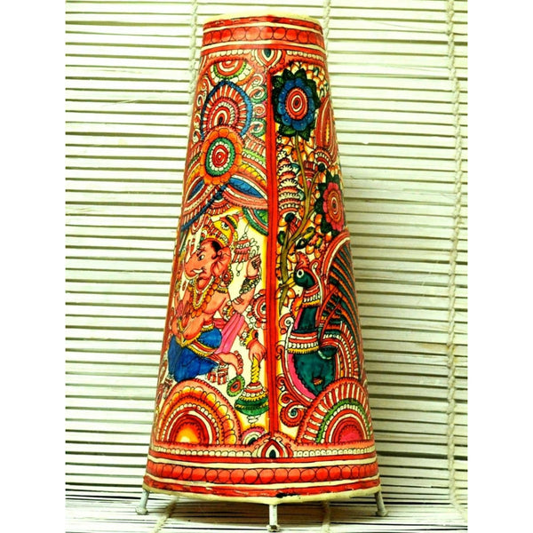 Indiehaat | Ganesh Kalamkari Handpainted Standing Round Leather Lamp | 26 Inch