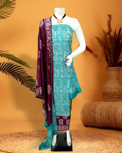 Katan Silk Suits Sea Green Color Batik Print - IndieHaat