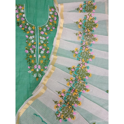 Kota Doria Green Suit Material 2 Piece Embroidered (Only Top and Dupatta)-Indiehaat