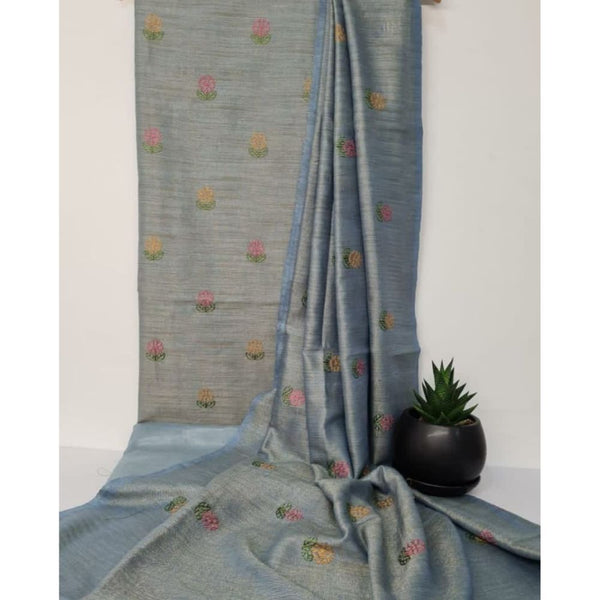 Khadi Cotton Digital Embroidered Heathered Gray Colour Suit Piece with Bottom and Dupatta-Indiehaat