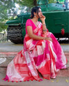 Cotton Linen Saree Pink & Red Color Shibori Hand Dyed with running blouse - IndieHaat