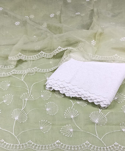 Kota Doria Embroidery Green Suit Material with Matching Dupatta and Chikenkari White Bottom-Indiehaat