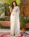 Pure Silk Kota Doria Saree Gray Color allover Hand Pitta work with running blouse - IndieHaat