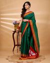 ILKAL Handloom Cotton Silk Saree Dark Green Color with running blouse - IndieHaat