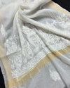 Chanderi Silk Dupatta White Color with Chikankari work - IndieHaat