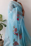 Kota Doria Cotton Saree Embroidered Blue 15% Off - IndieHaat