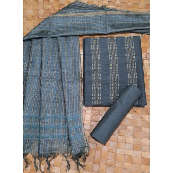 Katan Silk Gray Suit Piece with Bottom and Dupatta Handcrafted-Indiehaat