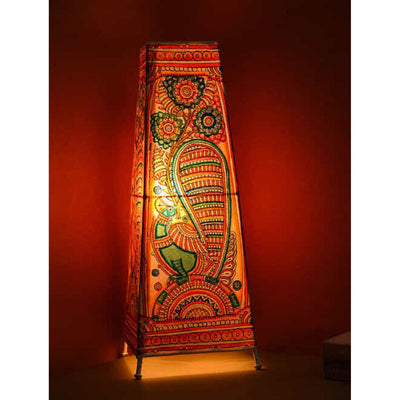 Indiehaat | Peacock Kalamkari Handpainted Standing Square Leather Lamp | 17 Inch