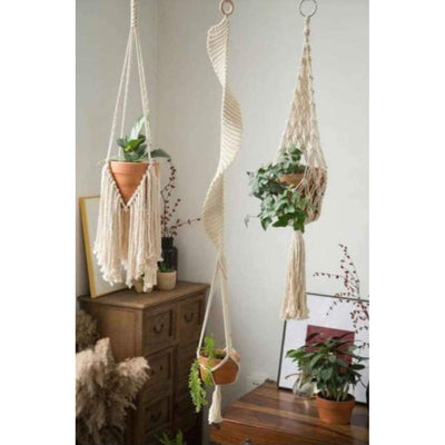 White MacramePot HangerSet Of 3 Size - 20 ,40,20 Inches-Indiehaat