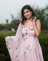 Organza Stitched Suit Pink Color Hand painted - IndieHaat