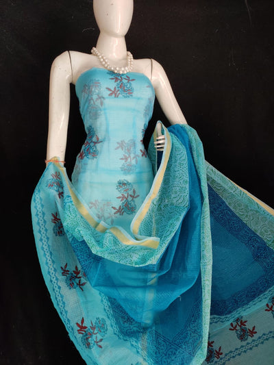 Kota Doria Blue Suit Material Handblock Printed with Zari Border Dupatta-Indiehaat