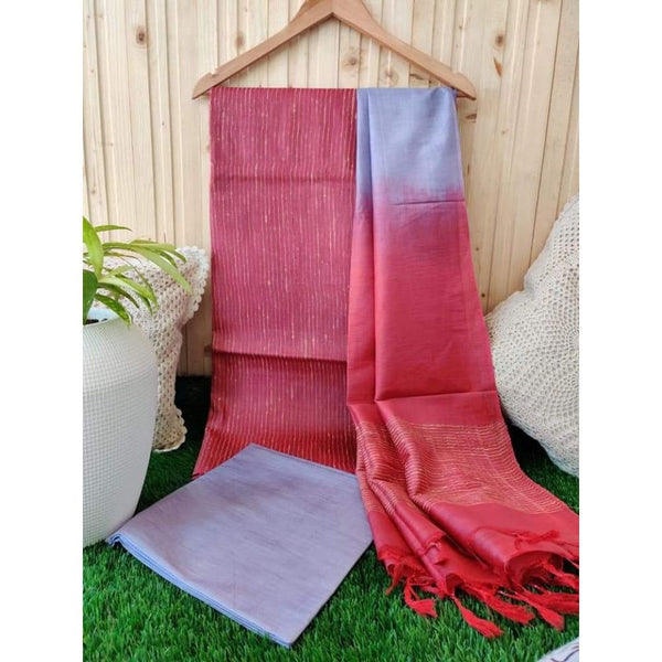 Katan Old Rose Red and Light Purple Silk Suit Piece with Bottom and Dupatta-Indiehaat