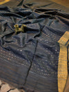 Kota Slub Saree Striped Body Sequence Pallu Hand Dyed Navy Blue Color with Blouse-Indiehaat