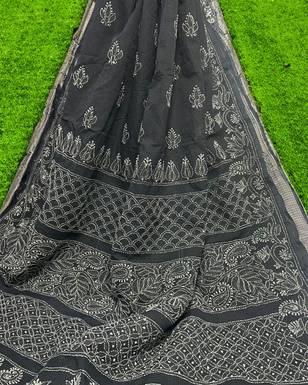 Kota Doria Saree Black Color Chikankari work without blouse - IndieHaat