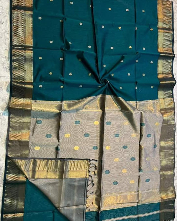 Maheshwari Handloom Handwoven Saree Teal Green Color Double Design Zari Border, flower work Buti pallu and running blouse - IndieHaat