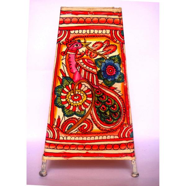 Indiehaat | Flower Kalamkari Handpainted Standing Square Leather Lamp | 9 Inch
