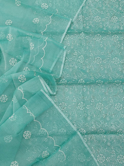 Kota Doria Embroidery Work Suit Material Blue Colour (Top+Dupatta+Bottom)-Indiehaat