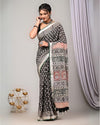 Indiehaat| Linen Saree black Handblock Printed With running blouse Dabu Bagru Ajrakh