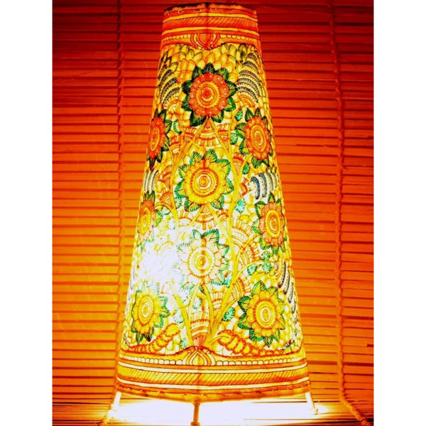 Indiehaat | Flower Kalamkari Handpainted Standing Round Leather Lamp | 17 Inch
