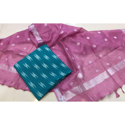 Pure Linen Purple Dupatta With Blue Ikkat Kurti Material-Indiehaat