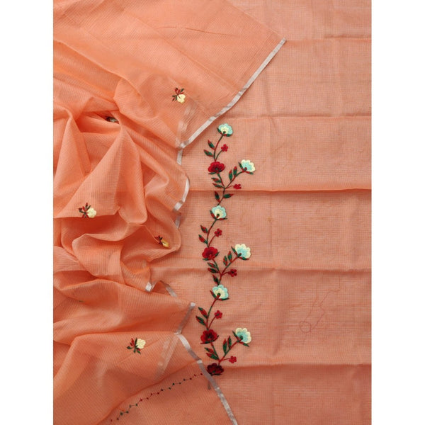 Kota Doria Orange Suit Material 2 Piece Embroidered (Only Top and Dupatta)-Indiehaat