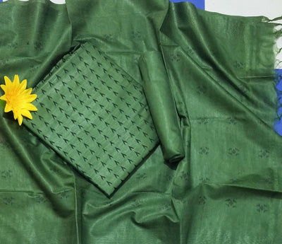 Handcrafted Katan Silk Green Suit Piece with Bottom and Dupatta-Indiehaat