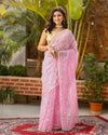 Pure Cotton Kota Doria Saree Pale Pink Color Jaal Embroidery with running blouse - IndieHaat