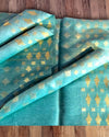 Pure Silk Linen Handloom Saree Turquoise Blue Color with Weaving Pattern Design and running blouse - IndieHaat