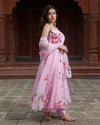 Organza Stitched Suit Pink Color Hand painted - IndieHaat