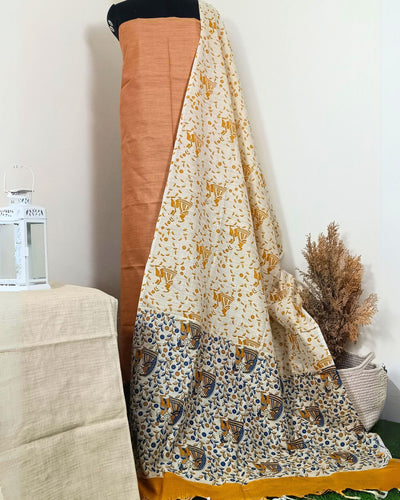 Khadi Silk Plain Suit Peach (Top+Bottom) with Printed Dupatta