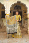 Handblock Printed Cotton Lehanga And Top With Mulmul Dupatta (Size: 34-46) Yellow Color-Indiehaat