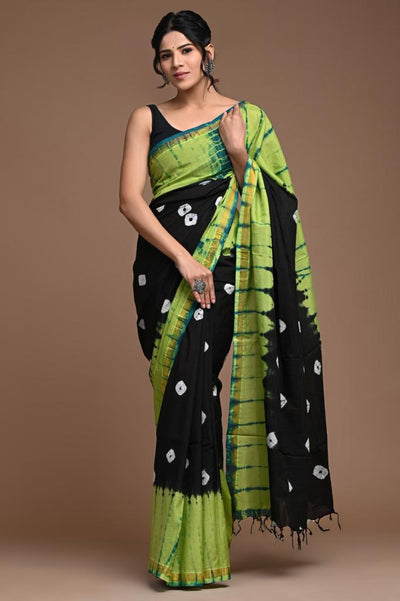 Pure Assam Silk Black and Green Saree Hand Block Print-Indiehaat