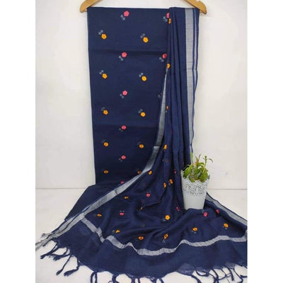 Handcrafted Katan Silk Blue Suit Piece with Bottom and Dupatta-Indiehaat