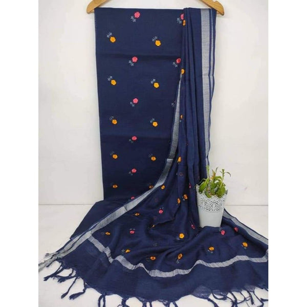 Handcrafted Katan Silk Blue Suit Piece with Bottom and Dupatta-Indiehaat