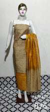 Khadi Cotton Batik Handblock Print Brown Suit Piece with Bottom and Dupatta-Indiehaat