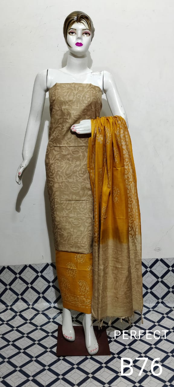 Khadi Cotton Batik Handblock Print Brown Suit Piece with Bottom and Dupatta-Indiehaat