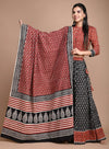 Handblock Printed Cotton Red and Black Lehanga And Top With Mulmul Dupatta | Indiehaat