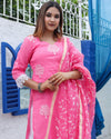 Kota Doria Cotton Suit (Top+Bottom+Dupatta) Pink Color Stitch Embroidery work - IndieHaat